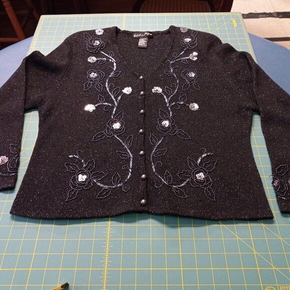 Work In Progress Womens 14-16 Embellished Sparkling Button Down Sweater - Picture 1 of 7